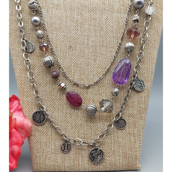 Premier Designs Silver Tone Purple Multi Strand Layered Chain Coin Necklace 32" - Picture 3 of 11